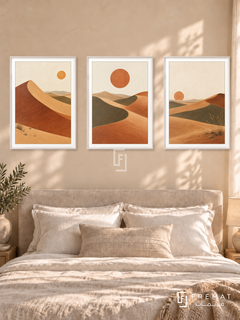 Desert Rhythm — set of three complementary boho artworks in White frames, shown at 50×70 cm each.