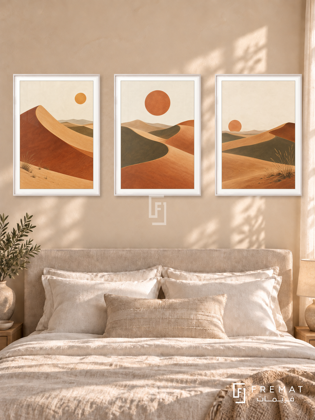 Desert Rhythm — set of three complementary boho artworks in White frames, shown at 50×70 cm each.