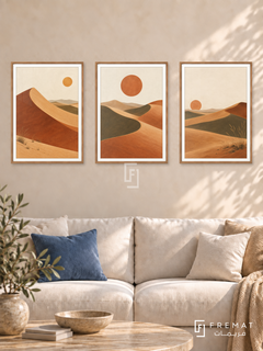 Desert Rhythm — set of three complementary boho artworks in Wooden Texture frames, shown at 50×70 cm each.