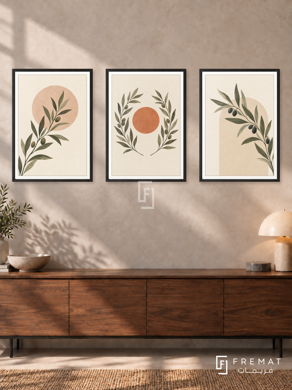 Olive Grove — set of three complementary boho artworks in Black frames, shown at 50×70 cm each.