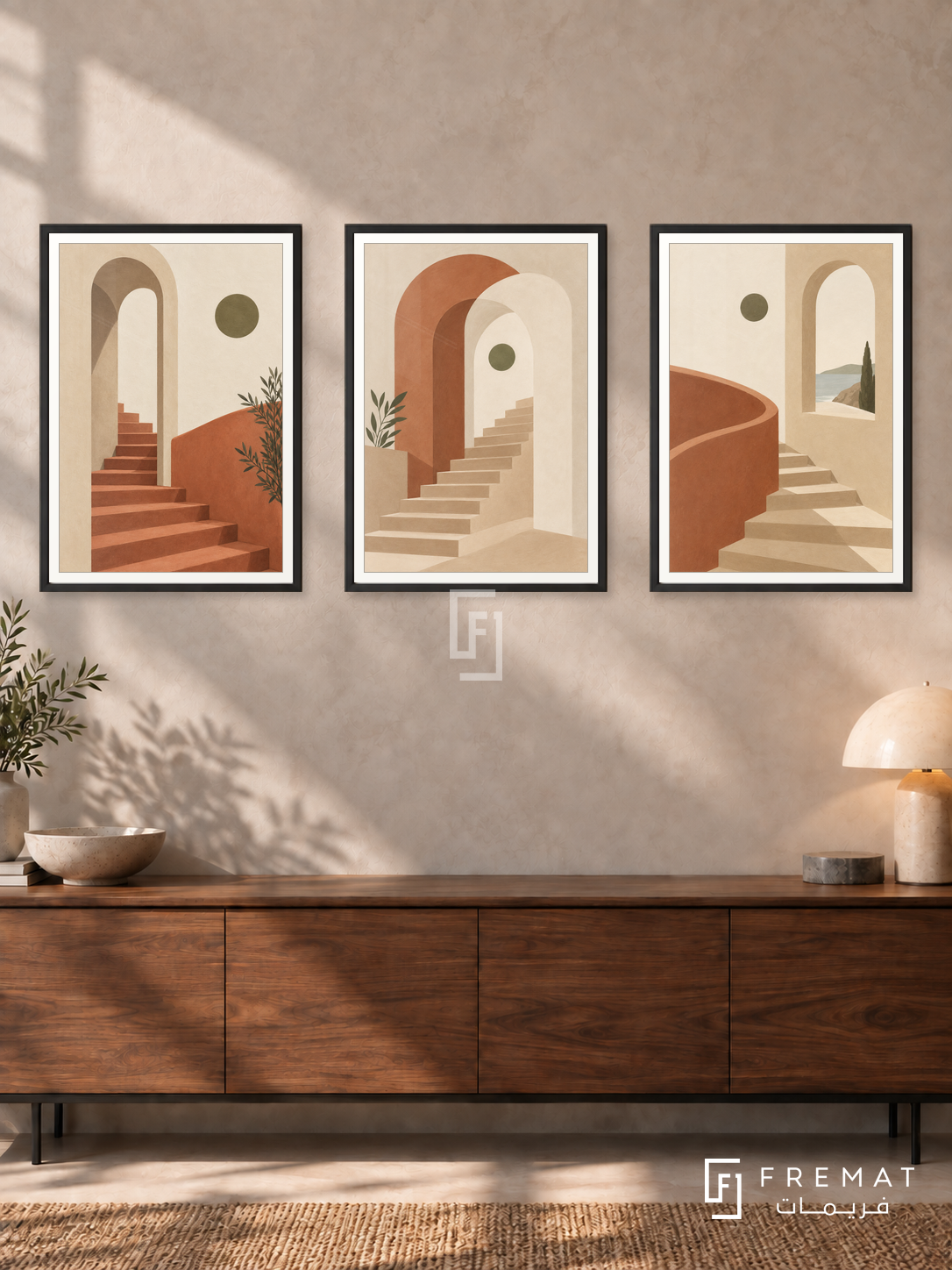 Soft Architecture — set of three complementary boho artworks in Black frames, shown at 50×70 cm each.