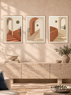 Soft Architecture — set of three complementary boho artworks in Gold frames, shown at 50×70 cm each.