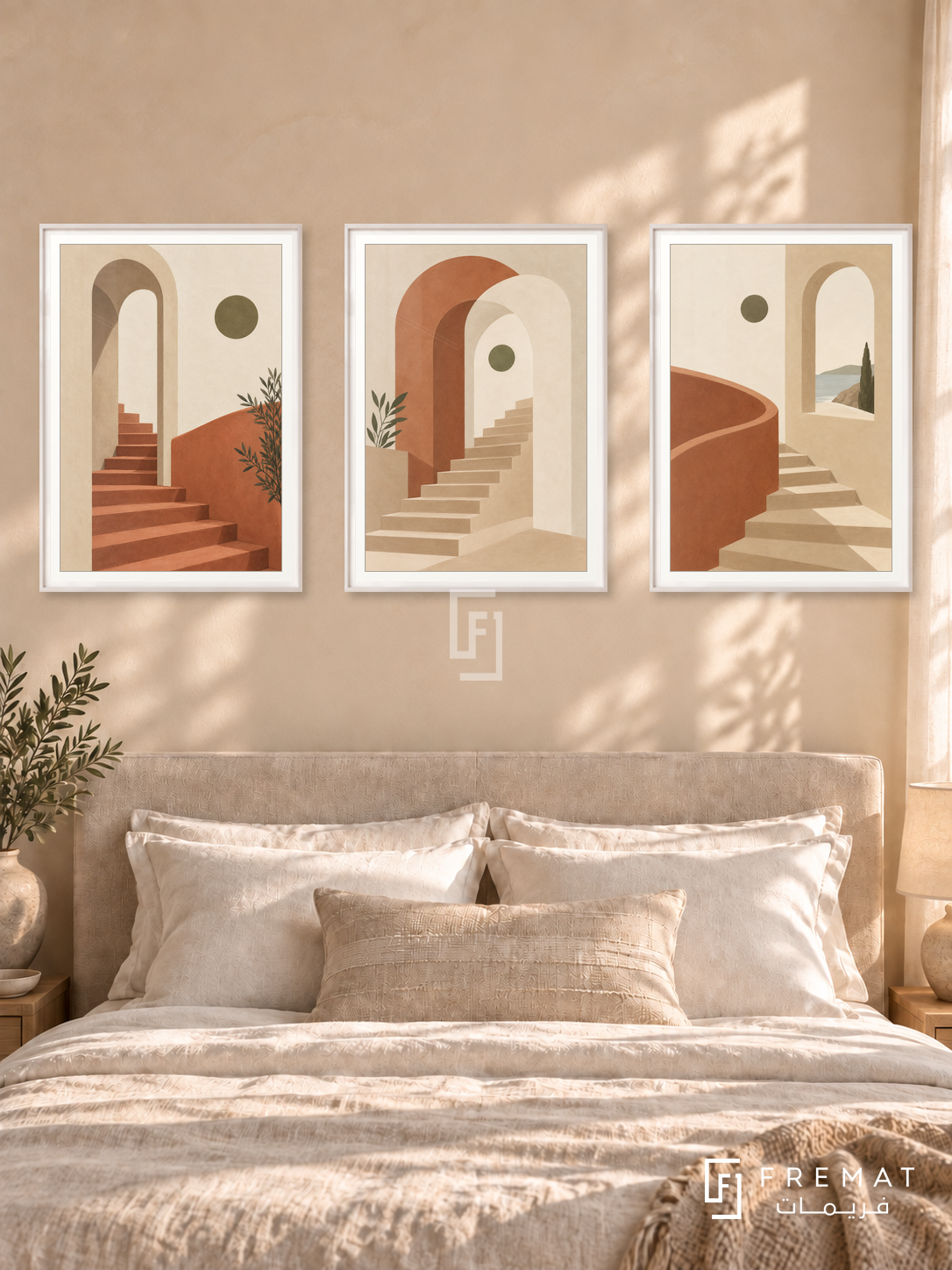Soft Architecture — set of three complementary boho artworks in White frames, shown at 50×70 cm each.