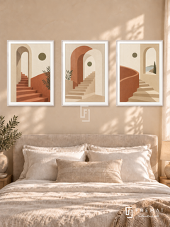 Soft Architecture — set of three complementary boho artworks in White frames, shown at 50×70 cm each.