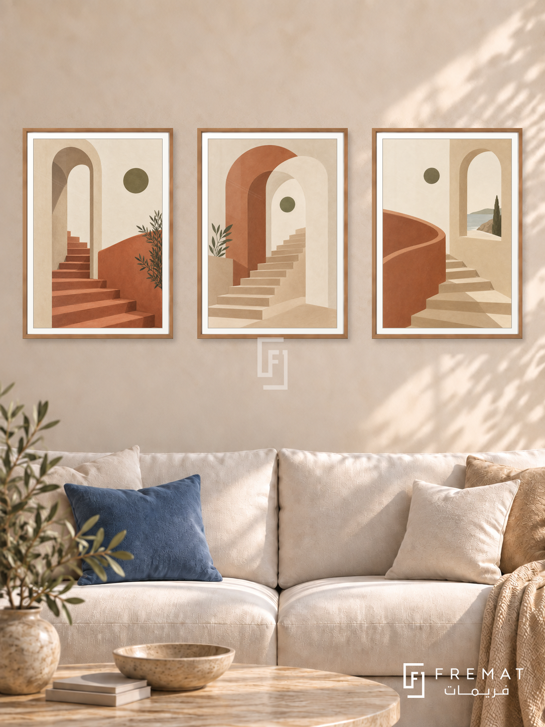 Soft Architecture — set of three complementary boho artworks in Wooden Texture frames, shown at 50×70 cm each.