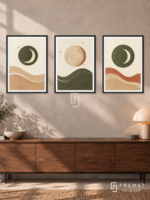 Lunar Tides — set of three complementary boho artworks in Black frames, shown at 50×70 cm each.