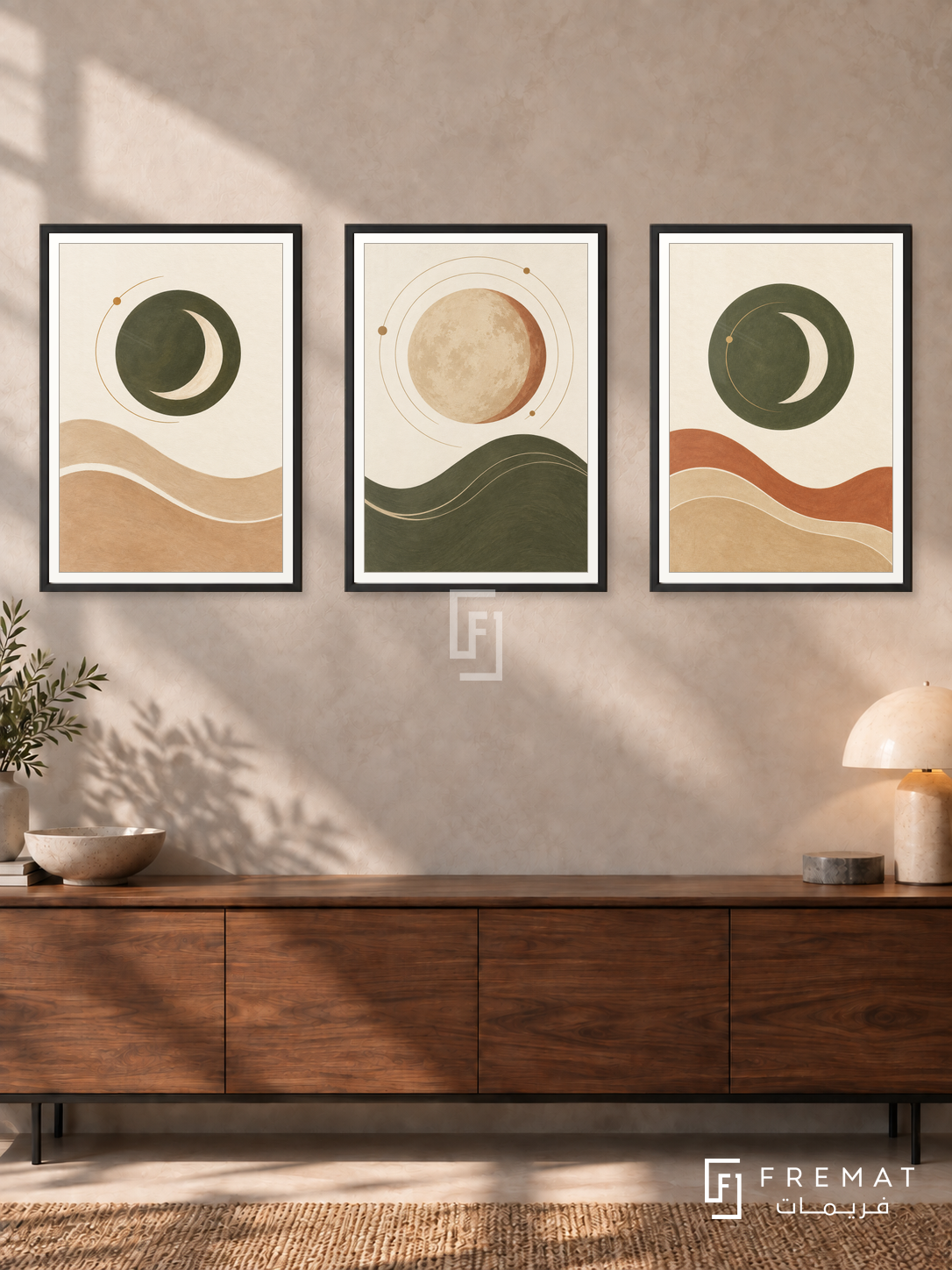 Lunar Tides — set of three complementary boho artworks in Black frames, shown at 50×70 cm each.