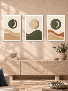 Lunar Tides — set of three complementary boho artworks in Gold frames, shown at 50×70 cm each.