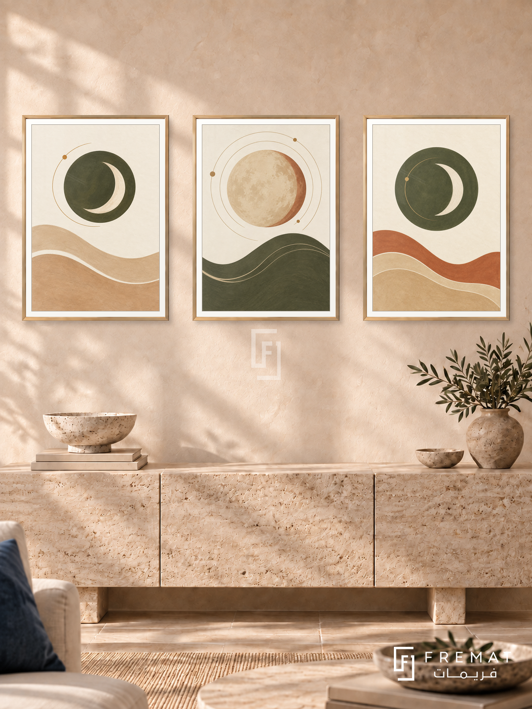 Lunar Tides — set of three complementary boho artworks in Gold frames, shown at 50×70 cm each.