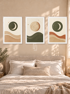 Lunar Tides — set of three complementary boho artworks in White frames, shown at 50×70 cm each.
