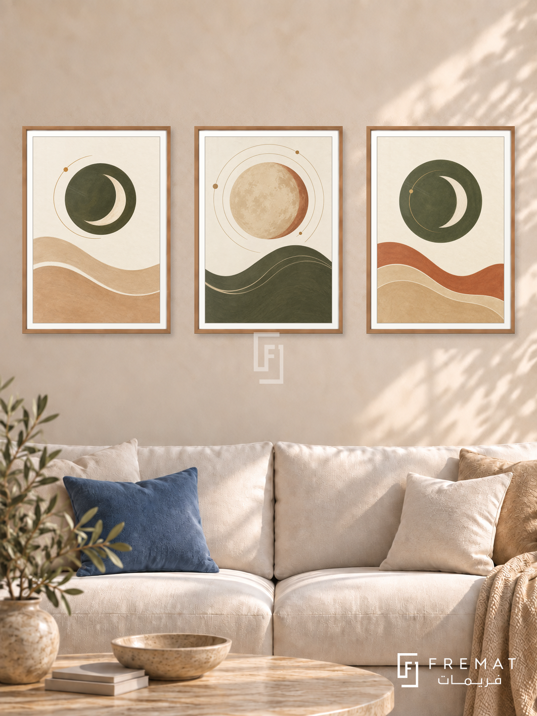 Lunar Tides — set of three complementary boho artworks in Wooden Texture frames, shown at 50×70 cm each.