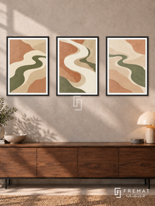 River Of Calm — set of three complementary boho artworks in Black frames, shown at 50×70 cm each.