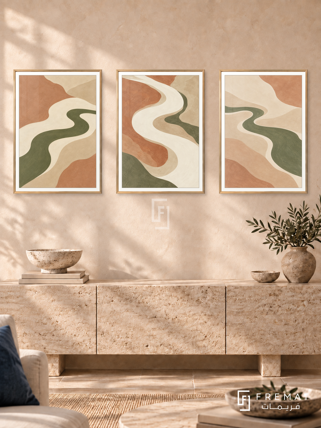 River Of Calm — set of three complementary boho artworks in Gold frames, shown at 50×70 cm each.