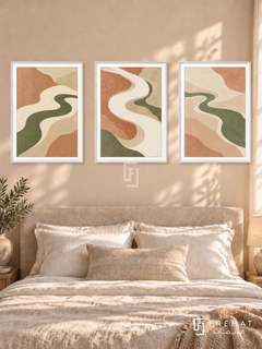 River Of Calm — set of three complementary boho artworks in White frames, shown at 50×70 cm each.
