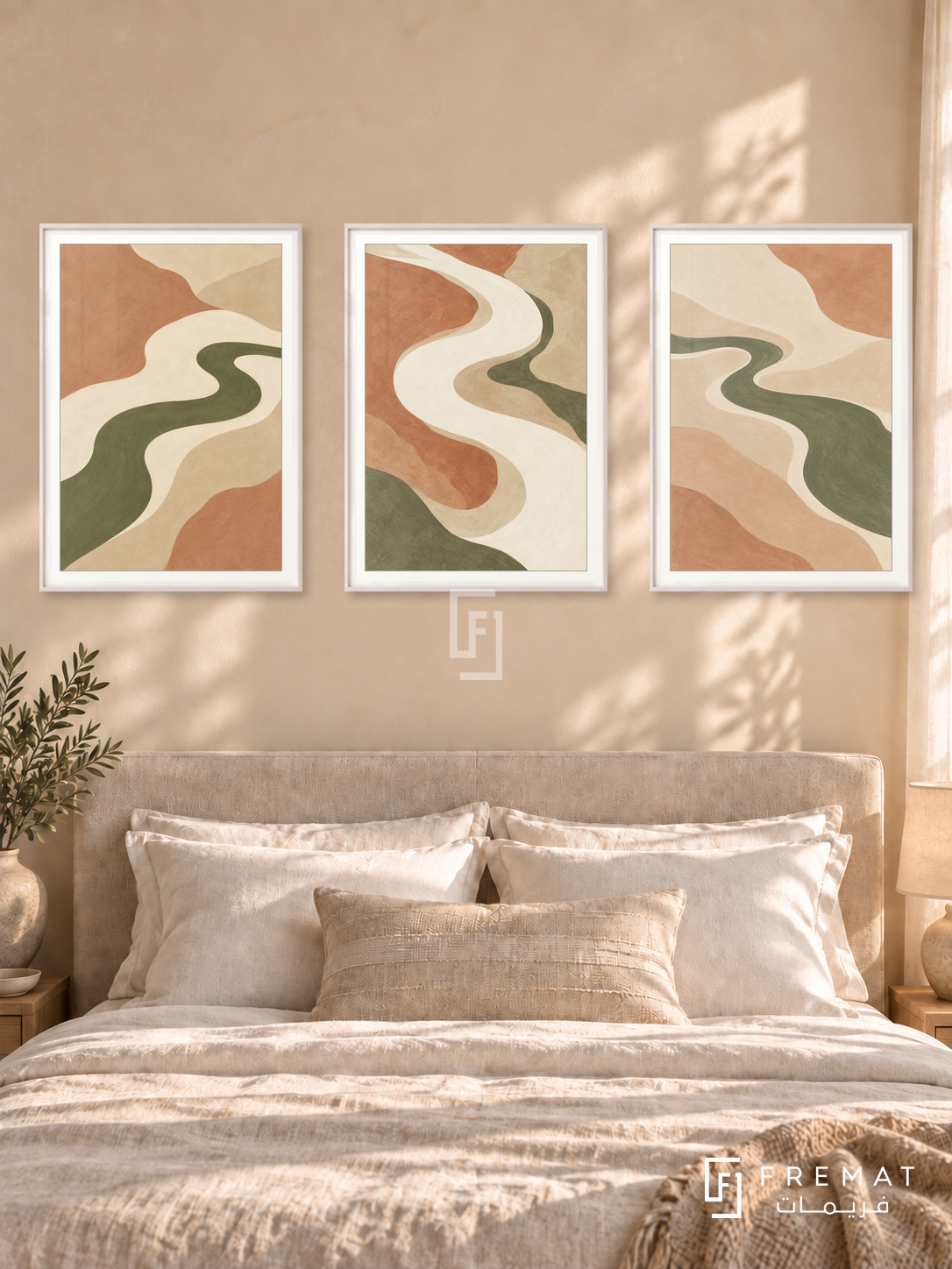 River Of Calm — set of three complementary boho artworks in White frames, shown at 50×70 cm each.