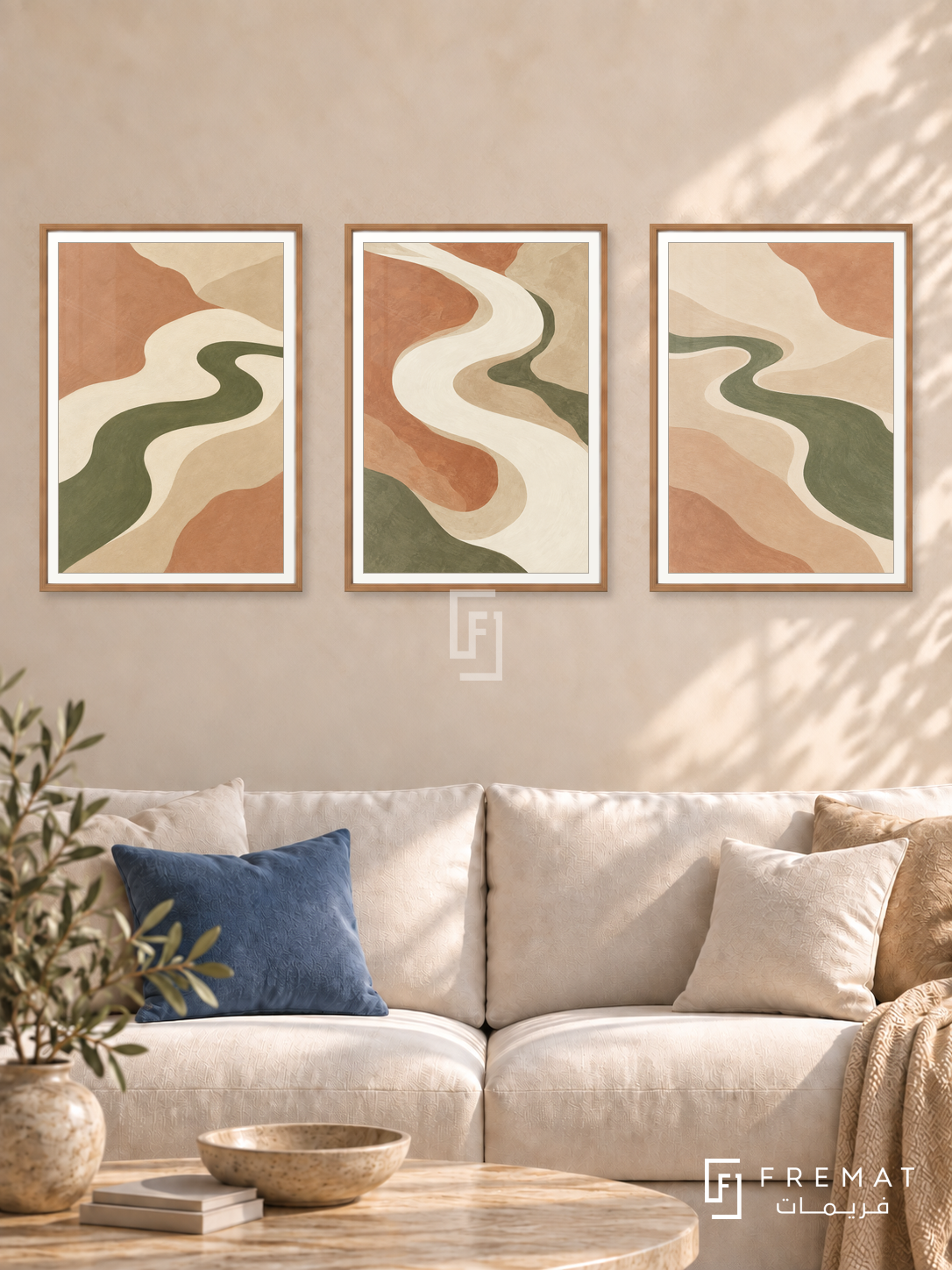 River Of Calm — set of three complementary boho artworks in Wooden Texture frames, shown at 50×70 cm each.