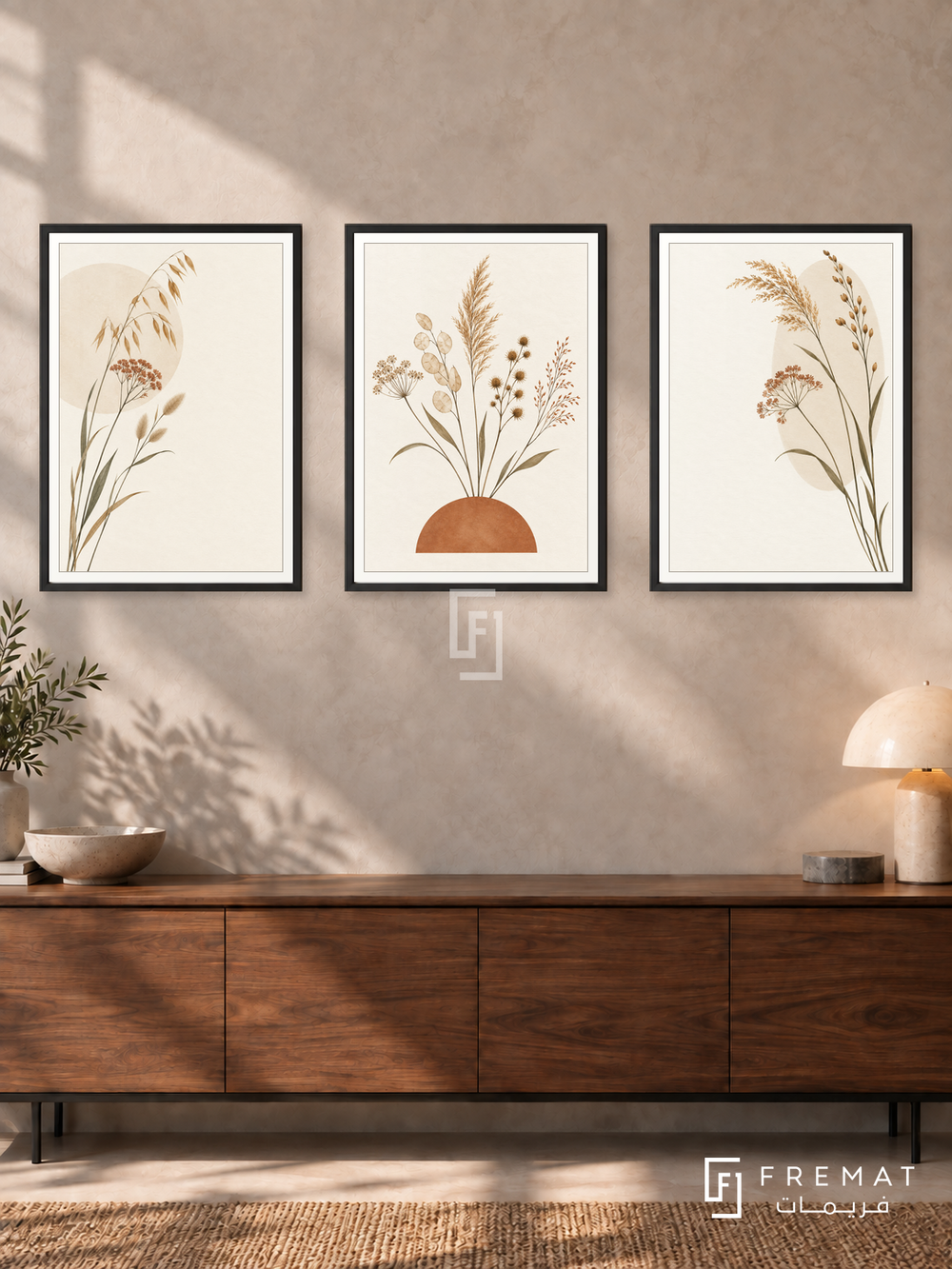 Wild Grasses — set of three complementary boho artworks in Black frames, shown at 50×70 cm each.