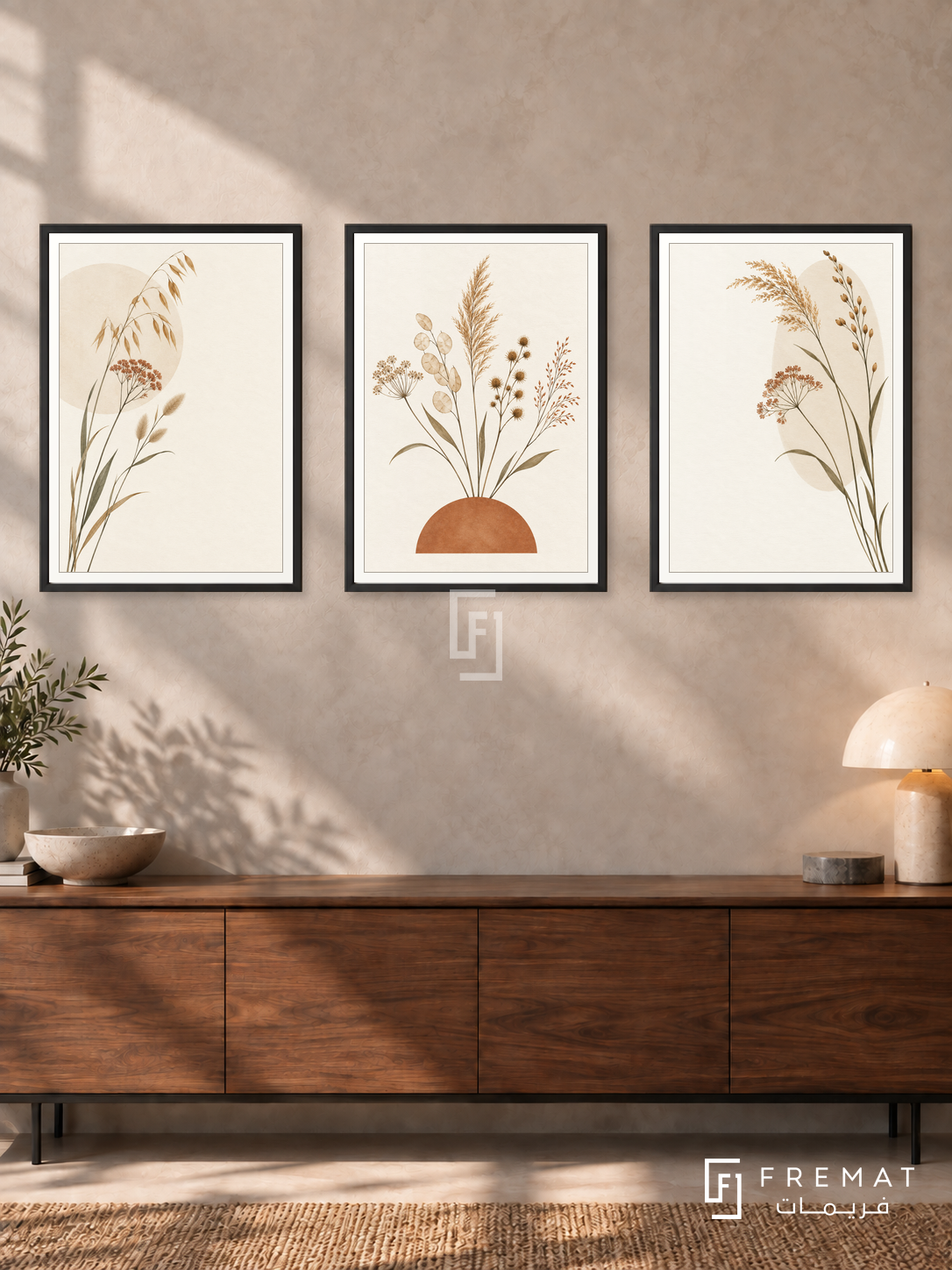Wild Grasses — set of three complementary boho artworks in Black frames, shown at 50×70 cm each.