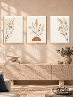 Wild Grasses — set of three complementary boho artworks in Gold frames, shown at 50×70 cm each.