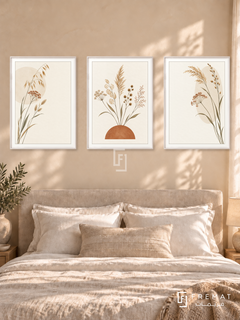 Wild Grasses — set of three complementary boho artworks in White frames, shown at 50×70 cm each.