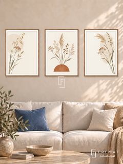 Wild Grasses — set of three complementary boho artworks in Wooden Texture frames, shown at 50×70 cm each.