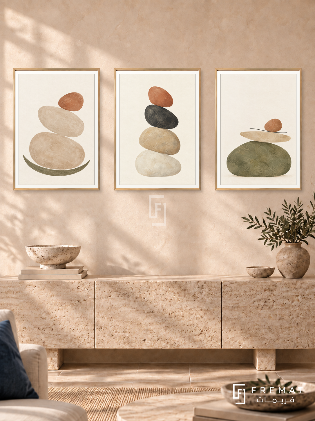 Balanced Stones — set of three complementary boho artworks in Gold frames, shown at 50×70 cm each.