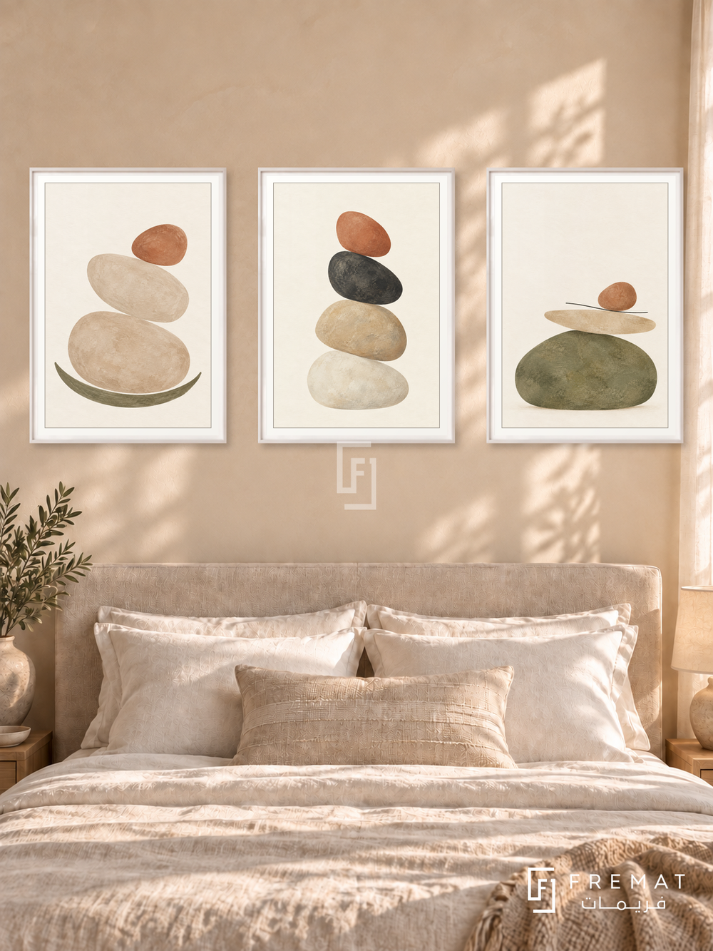 Balanced Stones — set of three complementary boho artworks in White frames, shown at 50×70 cm each.