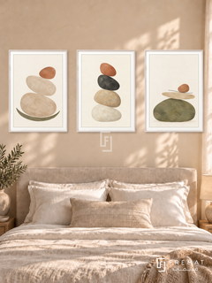 Balanced Stones — set of three complementary boho artworks in White frames, shown at 50×70 cm each.
