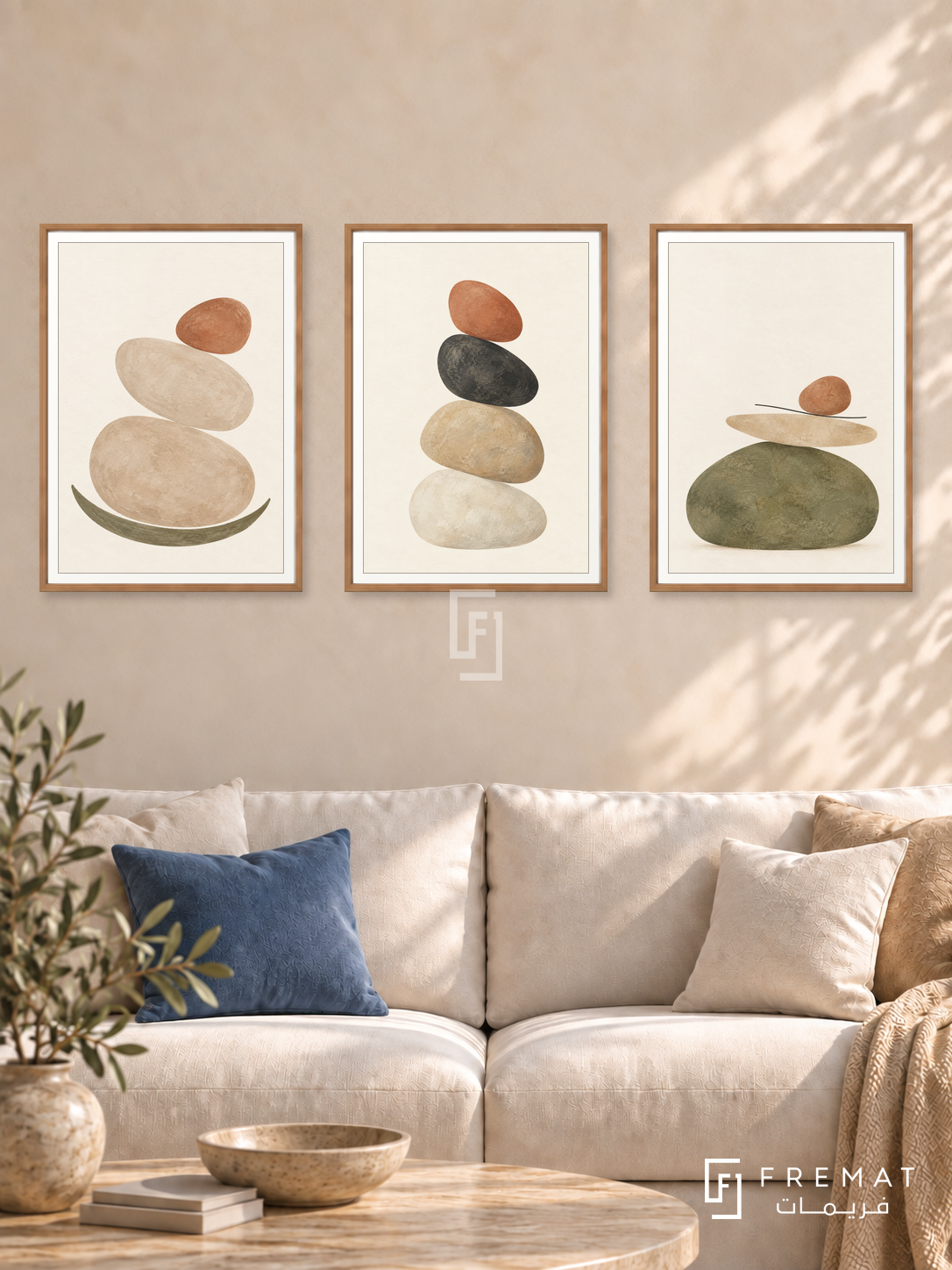 Balanced Stones — set of three complementary boho artworks in Wooden Texture frames, shown at 50×70 cm each.