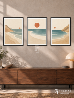 Sunlit Coast — set of three complementary boho artworks in Black frames, shown at 50×70 cm each.