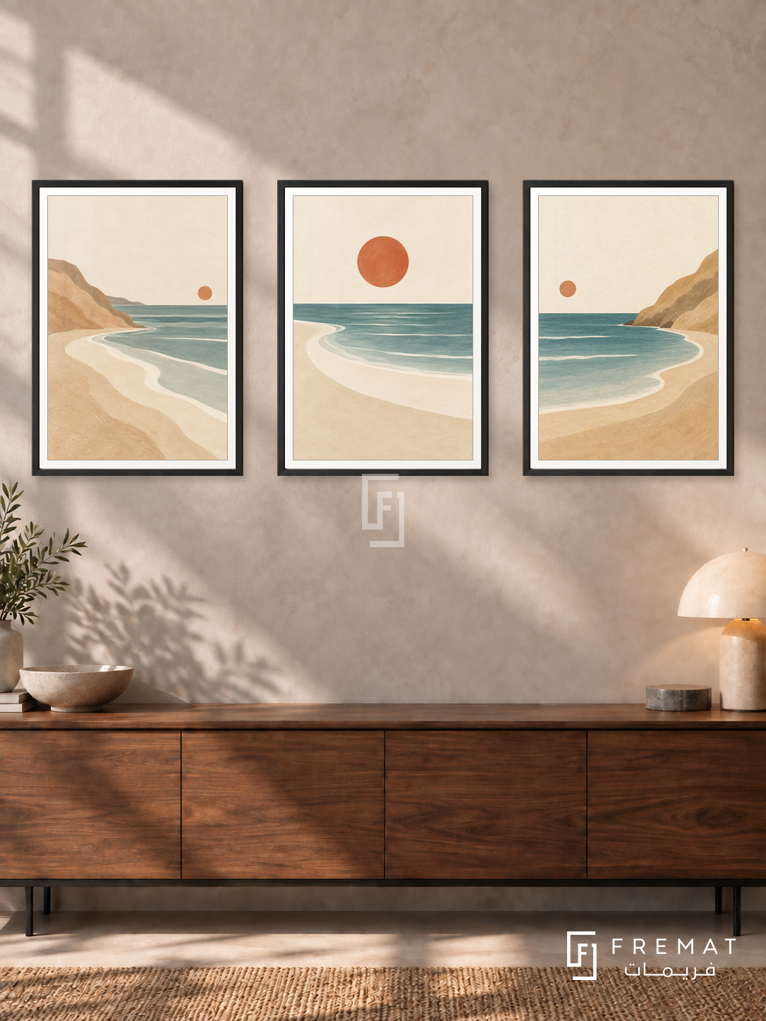 Sunlit Coast — set of three complementary boho artworks in Black frames, shown at 50×70 cm each.
