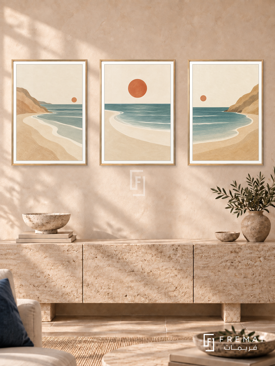 Sunlit Coast — set of three complementary boho artworks in Gold frames, shown at 50×70 cm each.