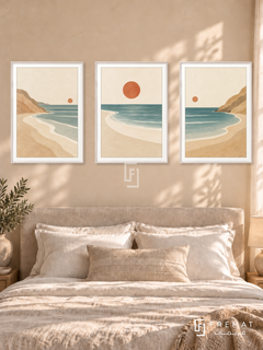 Sunlit Coast — set of three complementary boho artworks in White frames, shown at 50×70 cm each.