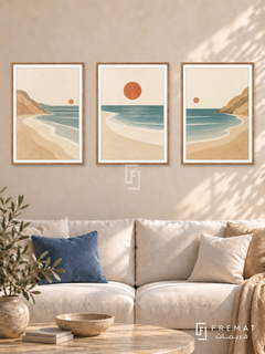 Sunlit Coast — set of three complementary boho artworks in Wooden Texture frames, shown at 50×70 cm each.