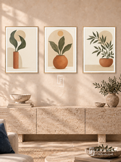 Terracotta Garden — set of three complementary boho artworks in Gold frames, shown at 50×70 cm each.