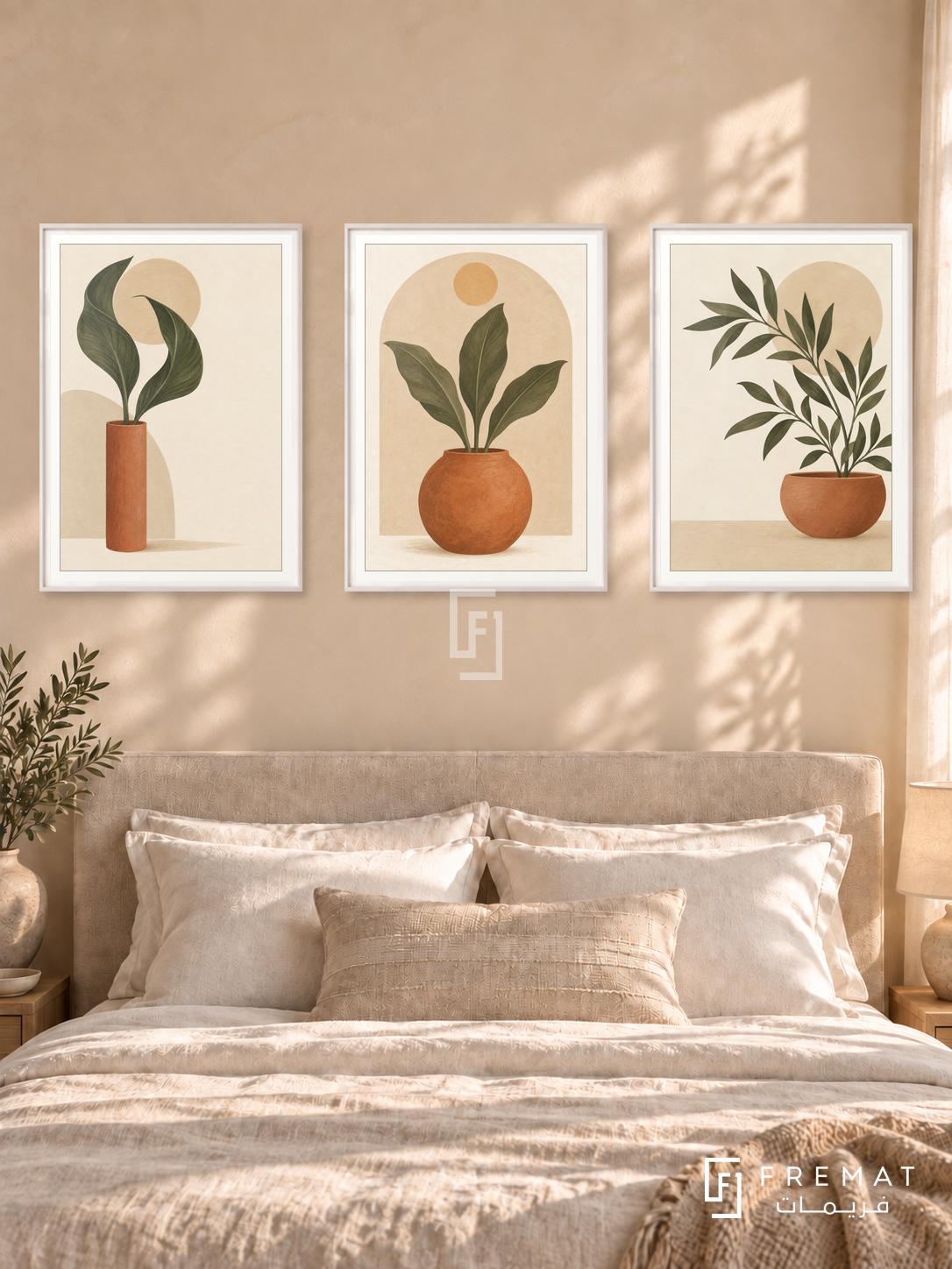 Terracotta Garden — set of three complementary boho artworks in White frames, shown at 50×70 cm each.