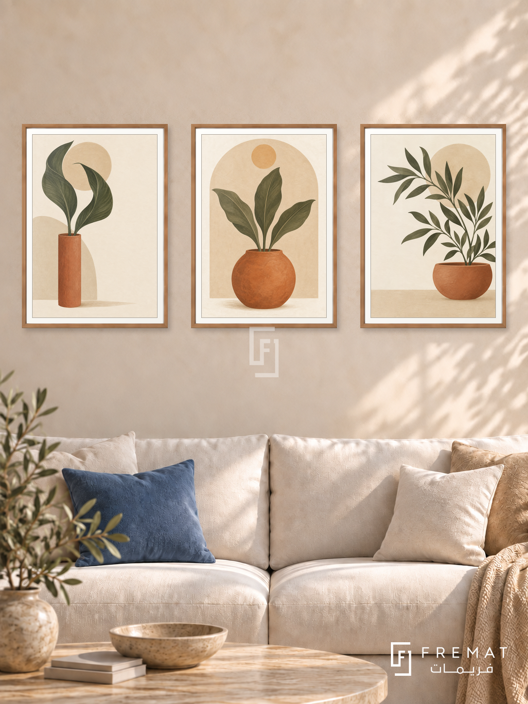 Terracotta Garden — set of three complementary boho artworks in Wooden Texture frames, shown at 50×70 cm each.
