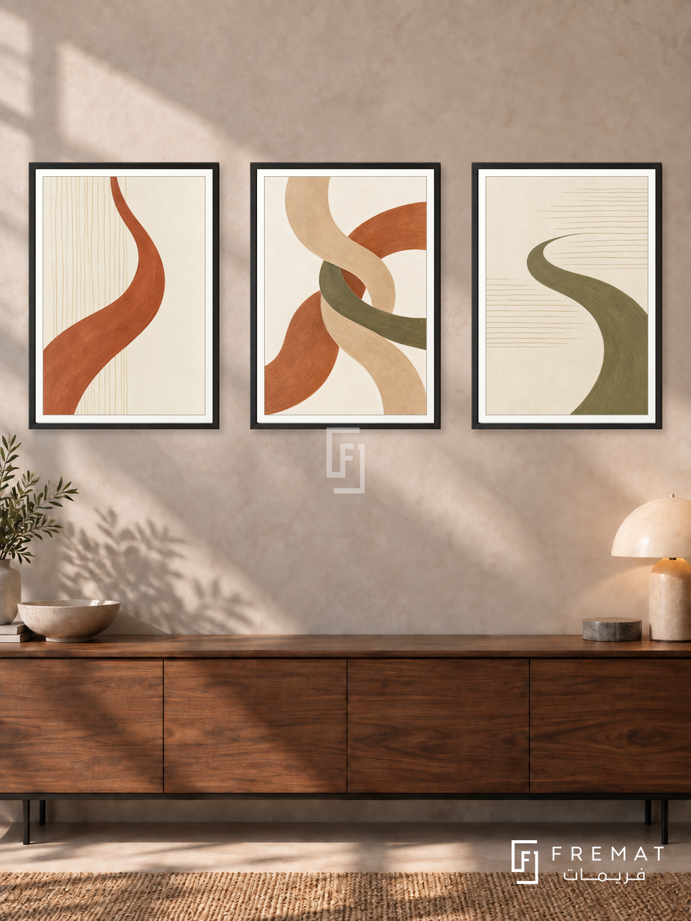 Woven Earth — set of three complementary boho artworks in Black frames, shown at 50×70 cm each.