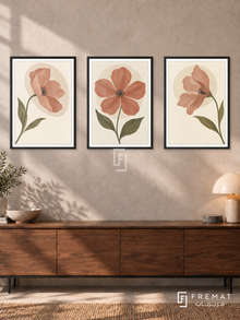 Petal Poetry — set of three complementary boho artworks in Black frames, shown at 50×70 cm each.