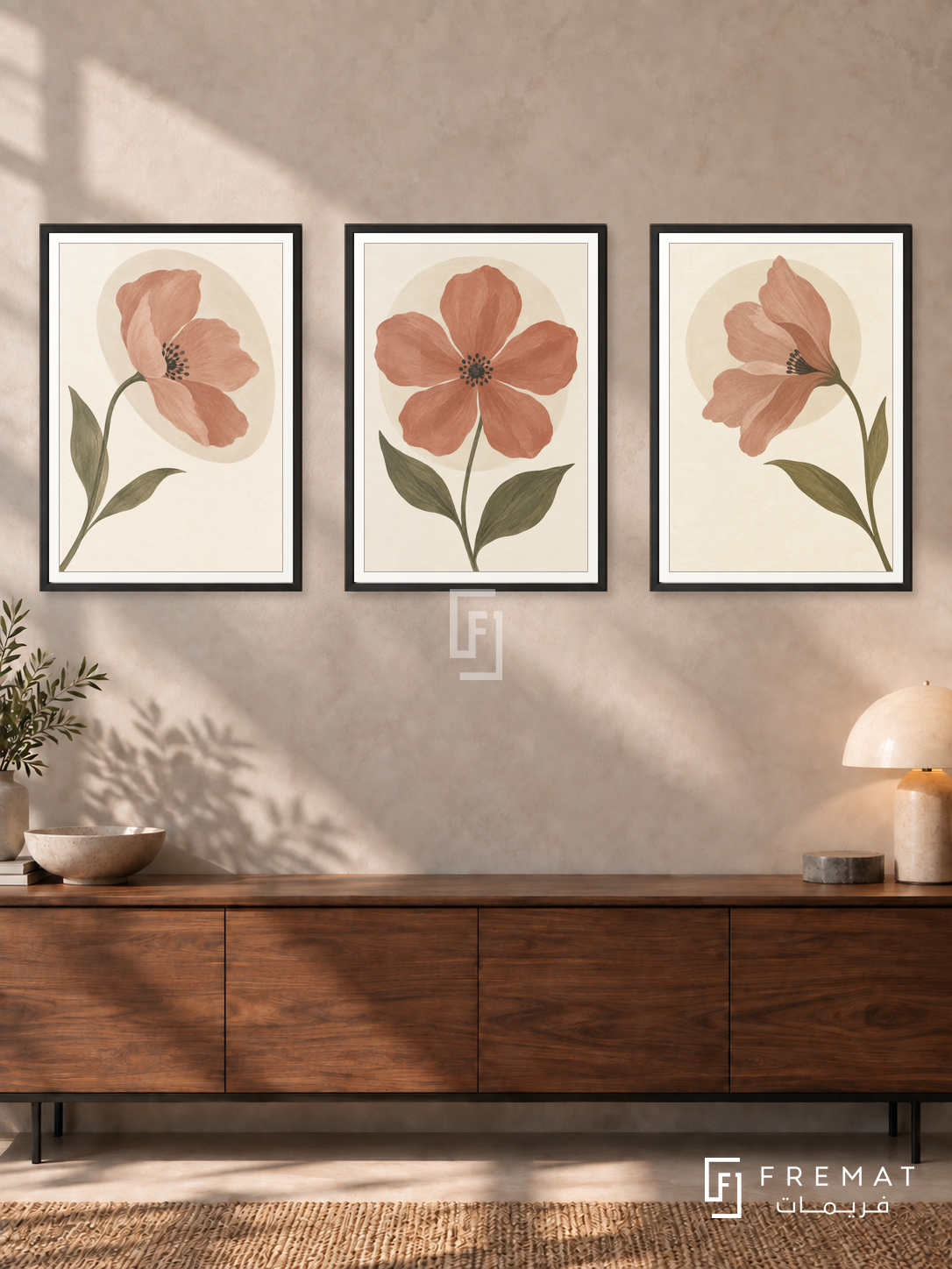 Petal Poetry — set of three complementary boho artworks in Black frames, shown at 50×70 cm each.