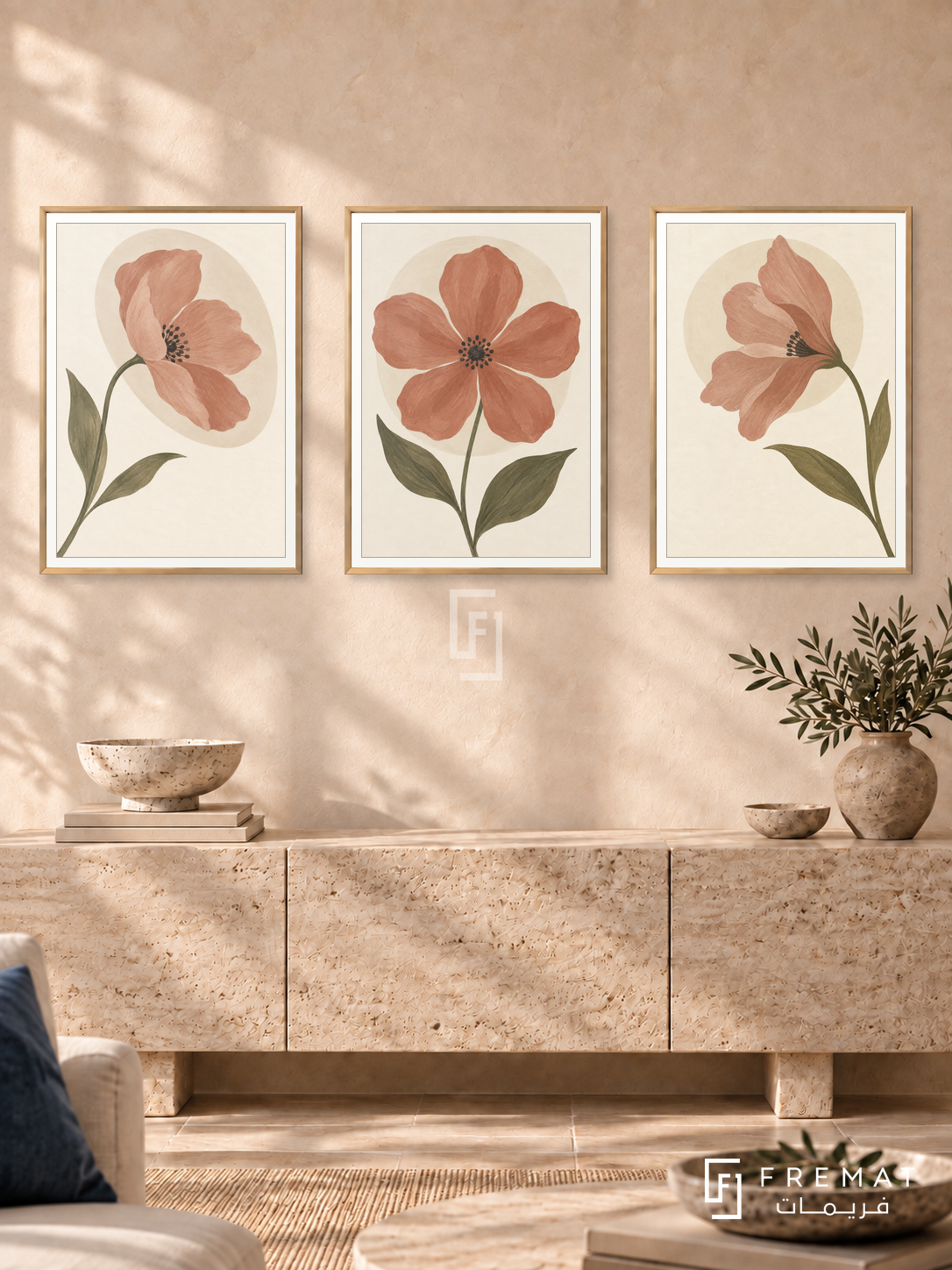Petal Poetry — set of three complementary boho artworks in Gold frames, shown at 50×70 cm each.