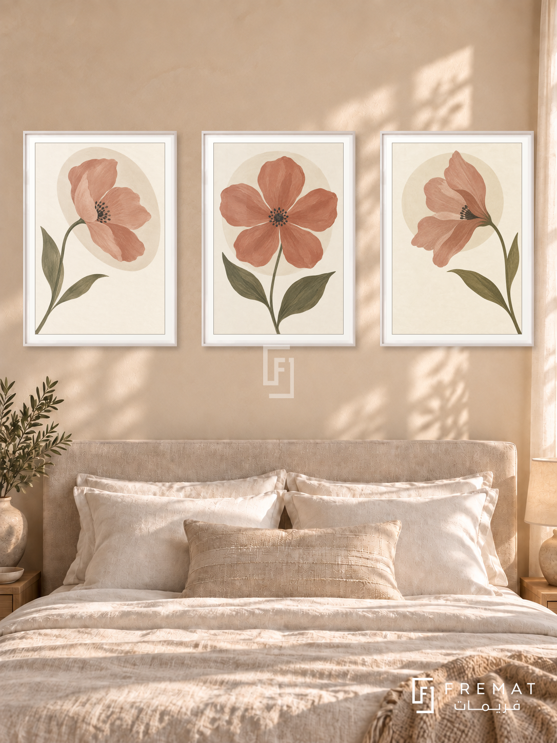Petal Poetry — set of three complementary boho artworks in White frames, shown at 50×70 cm each.