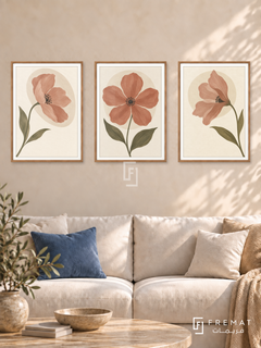 Petal Poetry — set of three complementary boho artworks in Wooden Texture frames, shown at 50×70 cm each.