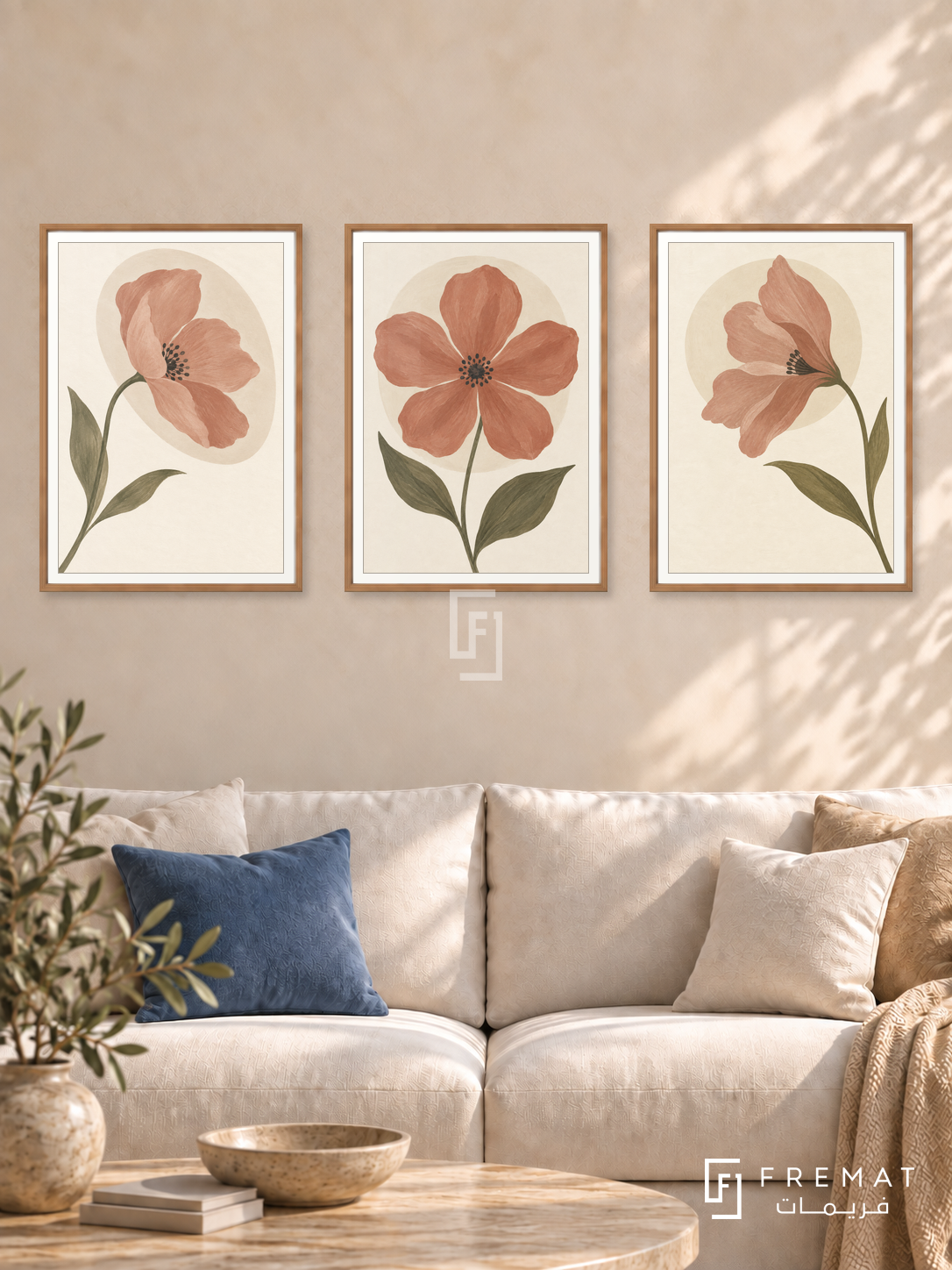 Petal Poetry — set of three complementary boho artworks in Wooden Texture frames, shown at 50×70 cm each.