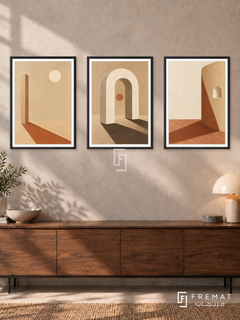 Sand And Shadow — set of three complementary boho artworks in Black frames, shown at 50×70 cm each.