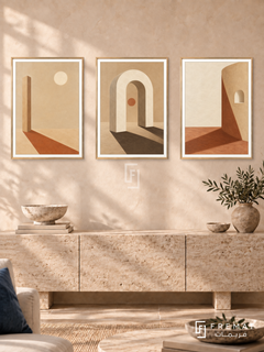 Sand And Shadow — set of three complementary boho artworks in Gold frames, shown at 50×70 cm each.