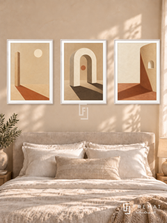 Sand And Shadow — set of three complementary boho artworks in White frames, shown at 50×70 cm each.