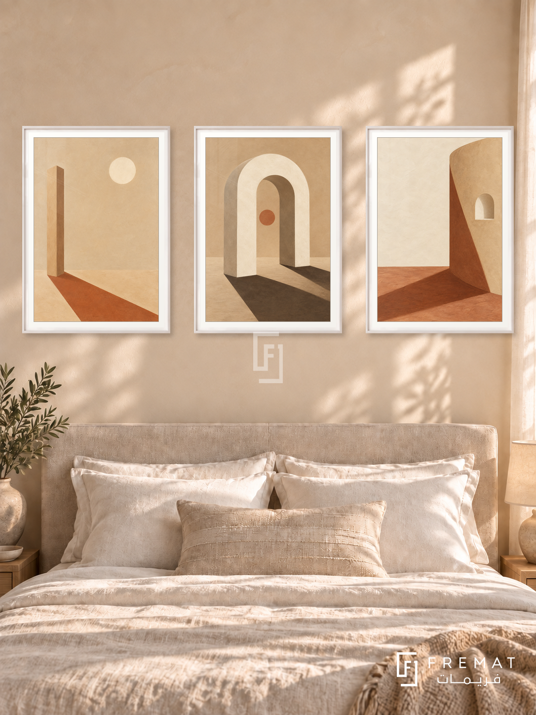 Sand And Shadow — set of three complementary boho artworks in White frames, shown at 50×70 cm each.