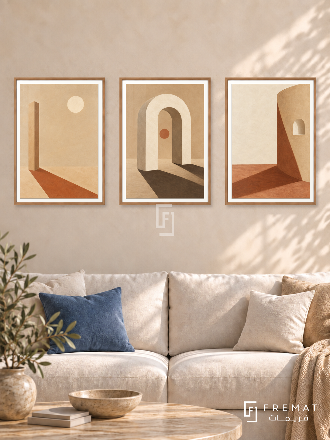 Sand And Shadow — set of three complementary boho artworks in Wooden Texture frames, shown at 50×70 cm each.