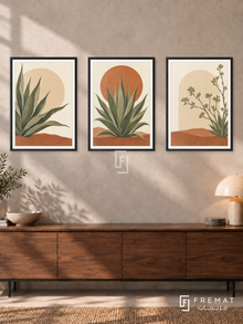 Desert Agave — set of three complementary boho artworks in Black frames, shown at 50×70 cm each.